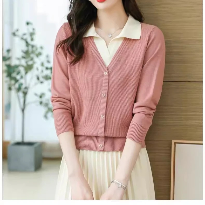 假两件时尚针织衫上衣女2025秋季新款翻领洋气打底衫时尚百搭开衫