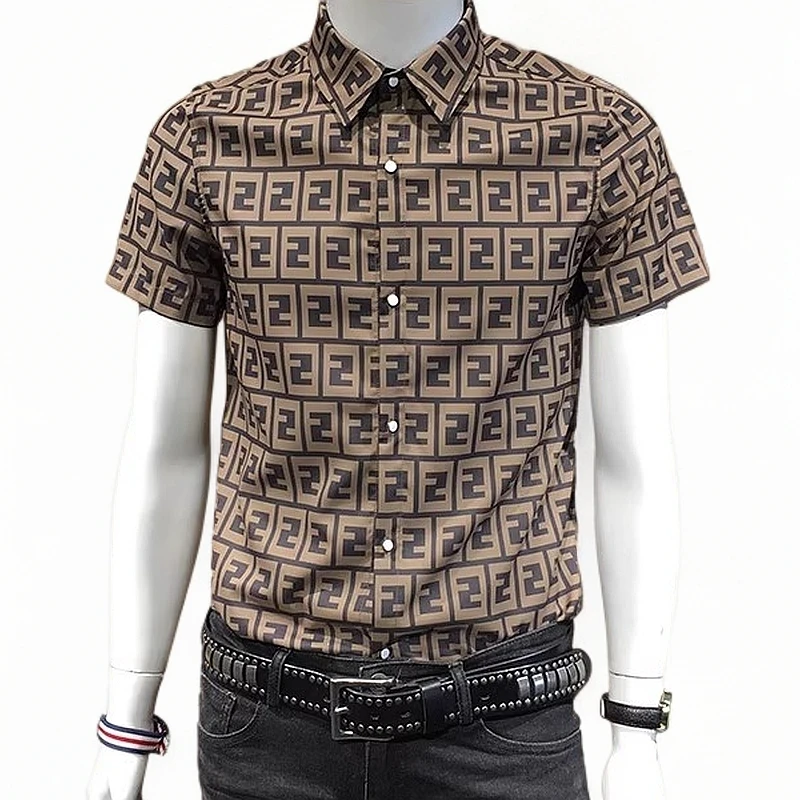 夏季男款印花衬衫男士青年短袖英伦韩版修身打底轻奢衬衣潮百搭