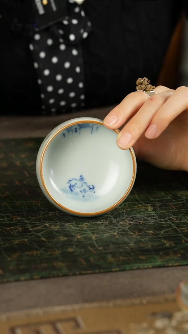 善窑厂汝窑青花乡村牧童山水主人杯