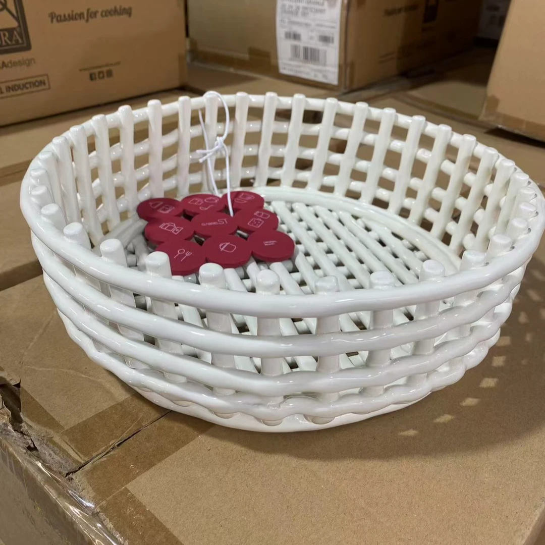 圆形手工陶瓷编织28cm水果篮