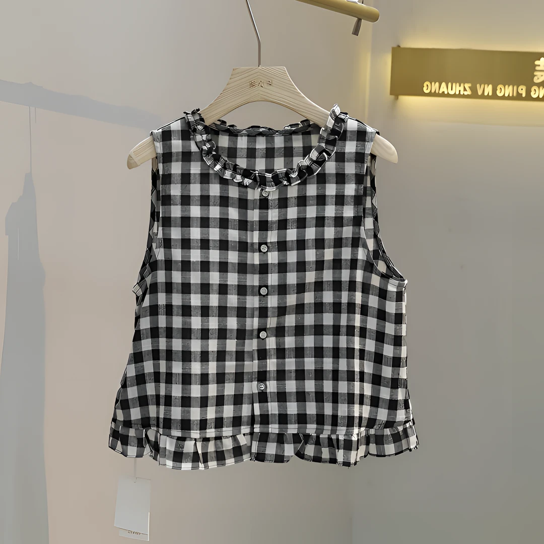 法式独特格子圆领无袖衬衫夏季新款显瘦内搭老钱风松弛感女装上衣