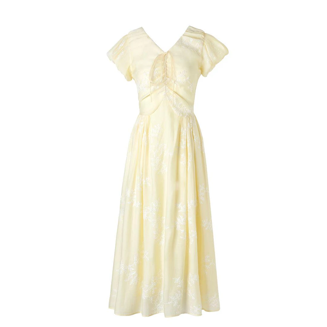 法式系带镂空甜美复古泡泡袖连衣裙-H25W0029-H