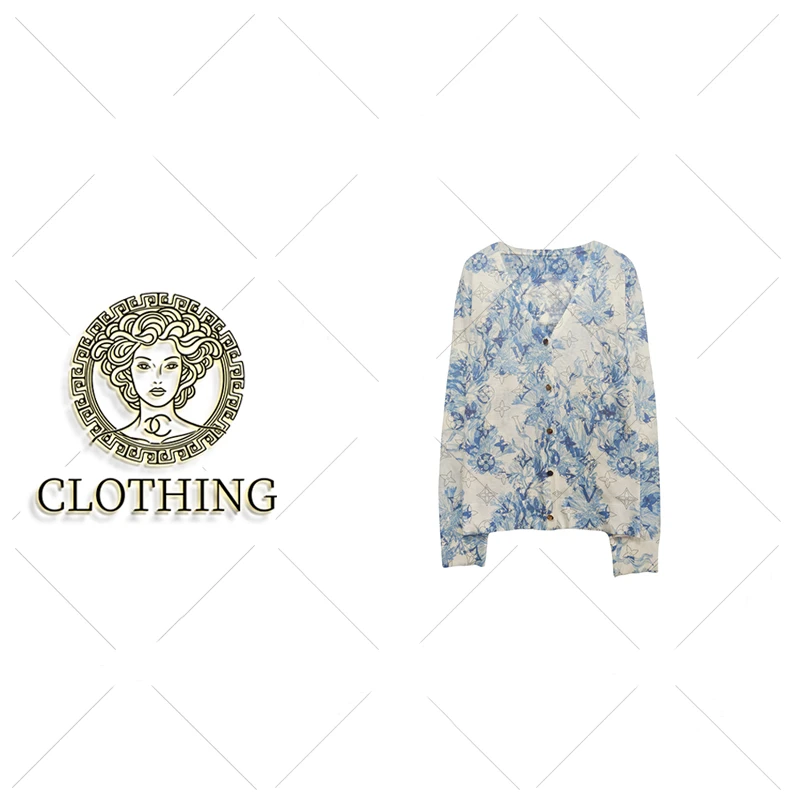 【CLOTHING/原创设计】蓝白花卉字母印花V 领单排扣针织衫msl280