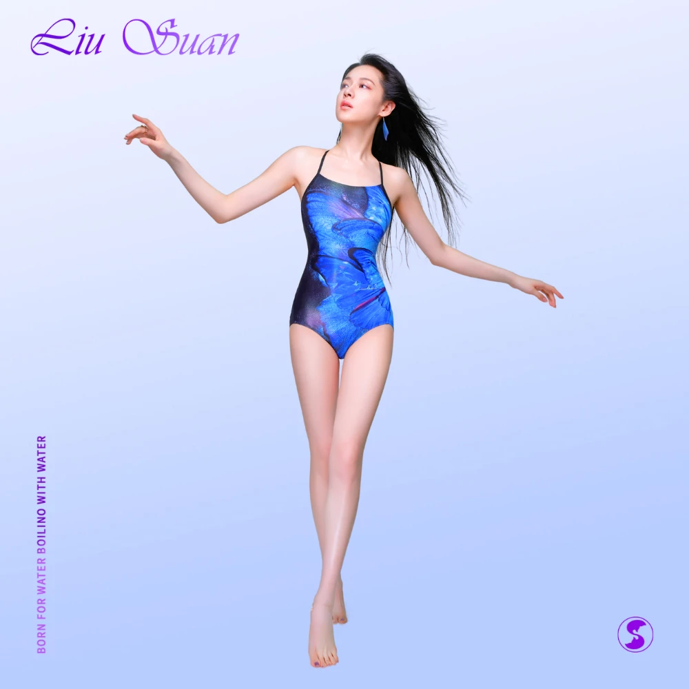 鎏酸「月光闪蝶」时尚竞速运动风游泳包臀露背性感女性显瘦连体泳衣