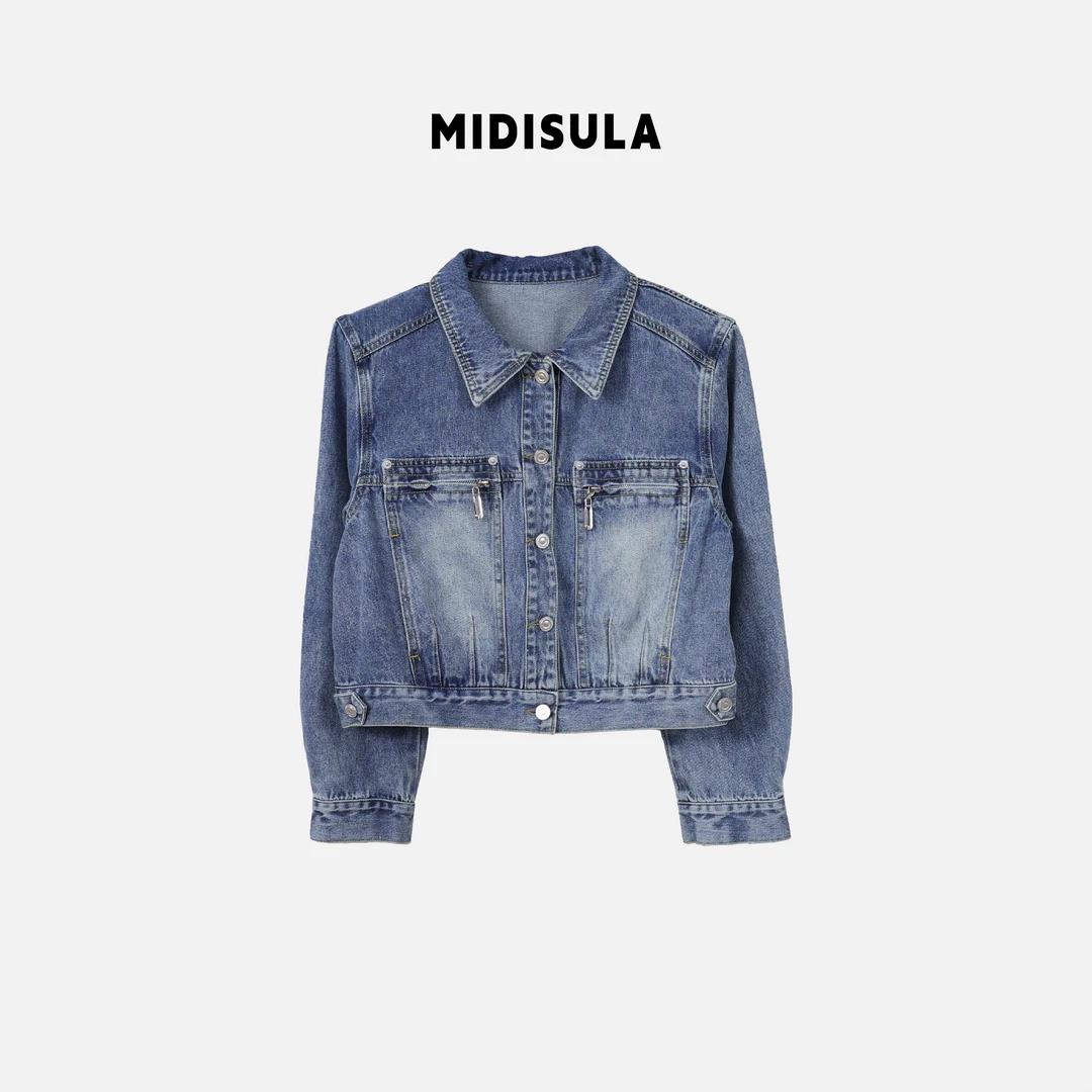 蜜地苏拉&春季短款牛仔外套女韩版长袖宽松口袋拉链夹克上衣#6259