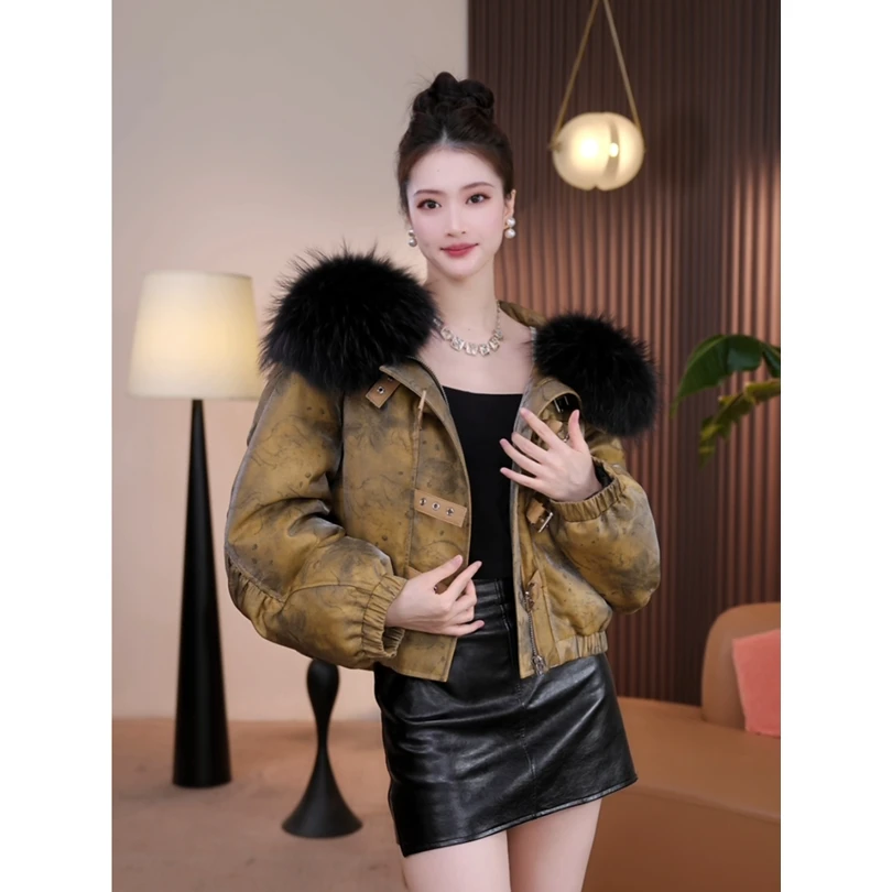 2685-A冬季新款时尚高级感复古做旧印花连帽羽绒服