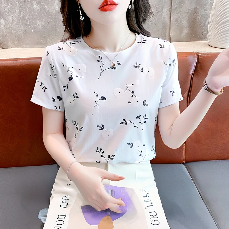 女士休闲印花短袖T恤女宽松设计感时尚百搭减龄圆领夏季韩版上衣