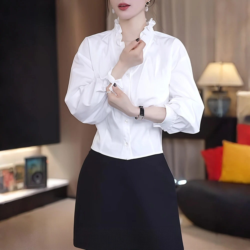 大码胖mm显瘦短款衬衫2025秋季设计感木耳边收腰长袖褶皱内搭衬衣