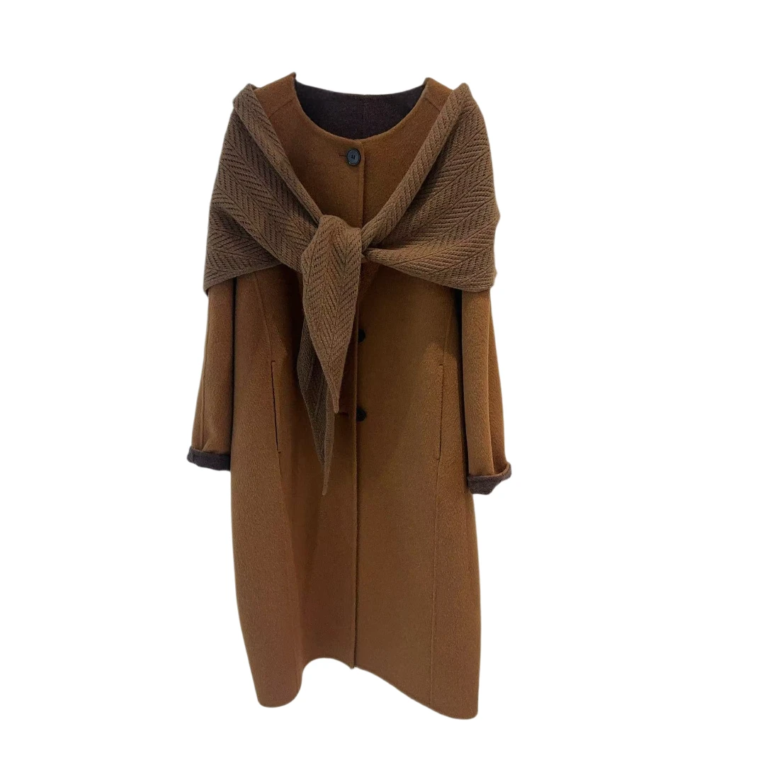 3076款长款千金风保暖圆领气质双面呢绵羊毛大衣