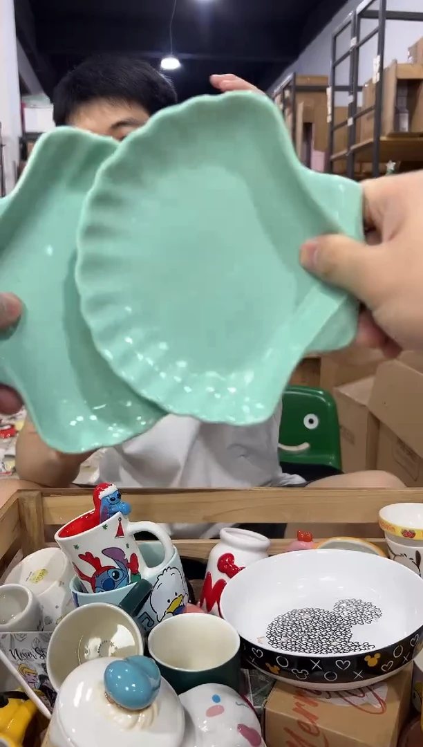 瓷片绿色贝壳盘子2件套