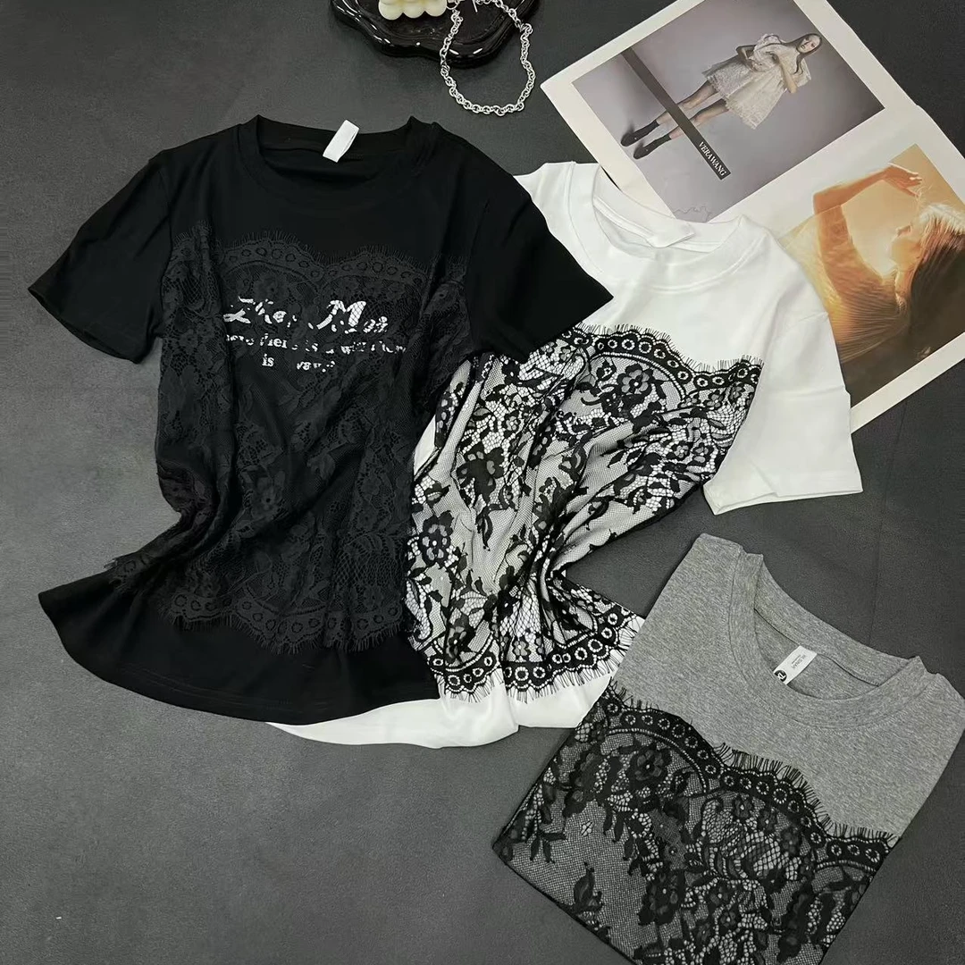 E452【麦子优选】蕾丝拼接T恤2527
