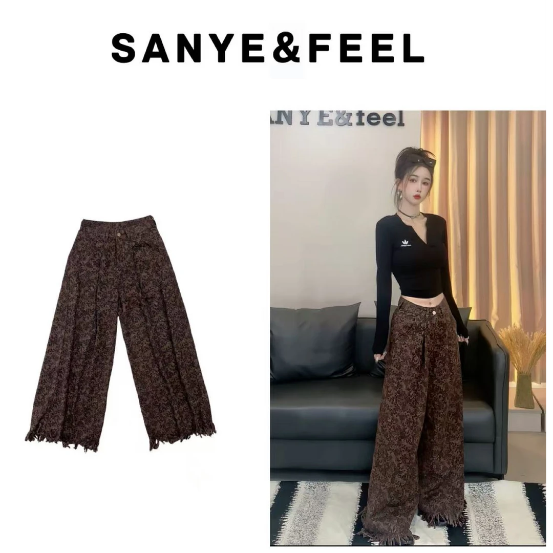 【妍三也】WJ0070豹纹毛边流苏牛仔裤JX