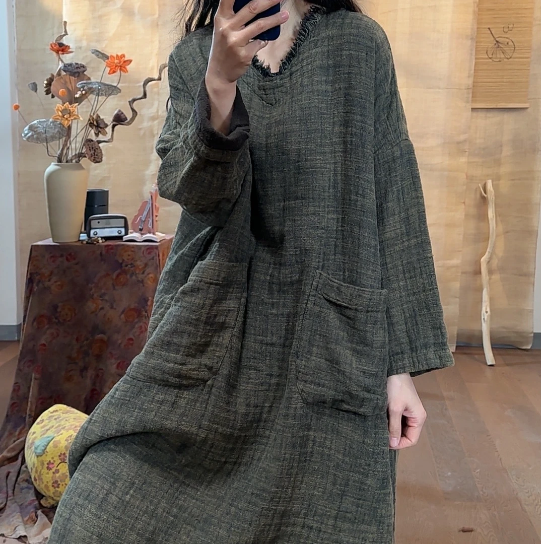 【麻黛儿】V领毛边色织炒色早春款流苏裙（衣长118胸围145）