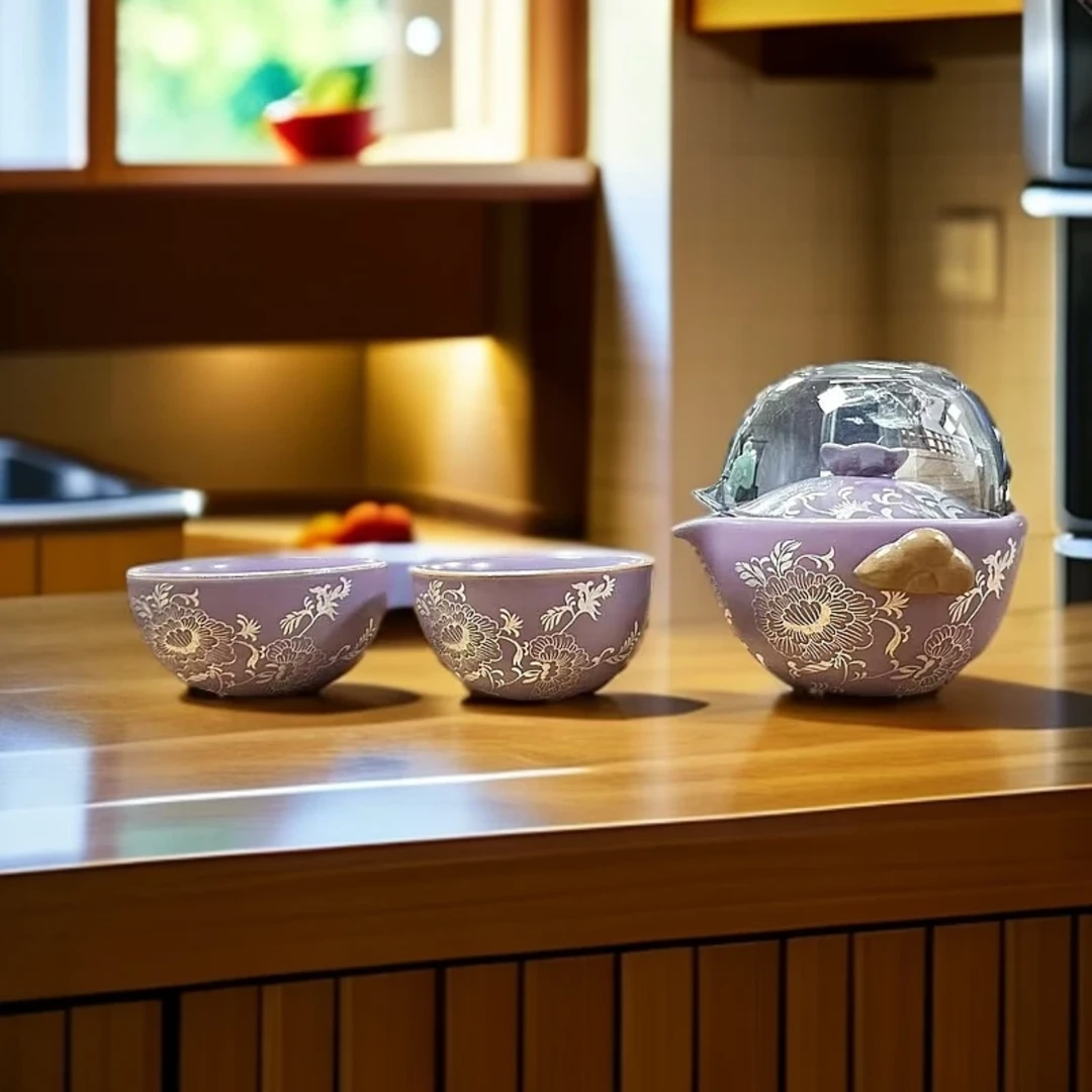 【沉鱼】香芋银绘牡丹紫汝手绘中式带包户外便携式旅行茶具-B0055