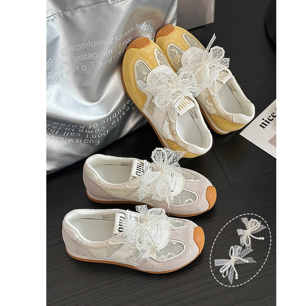 蕾丝珍珠休闲德训鞋女网面透气2025春夏季新款小白鞋子运动阿甘鞋