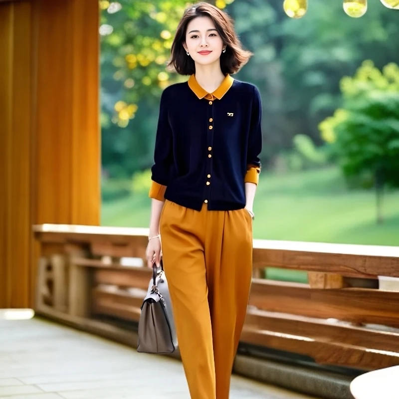 高档针织开衫两件套女2025春秋季新款气质显瘦时尚上衣九分裤套装