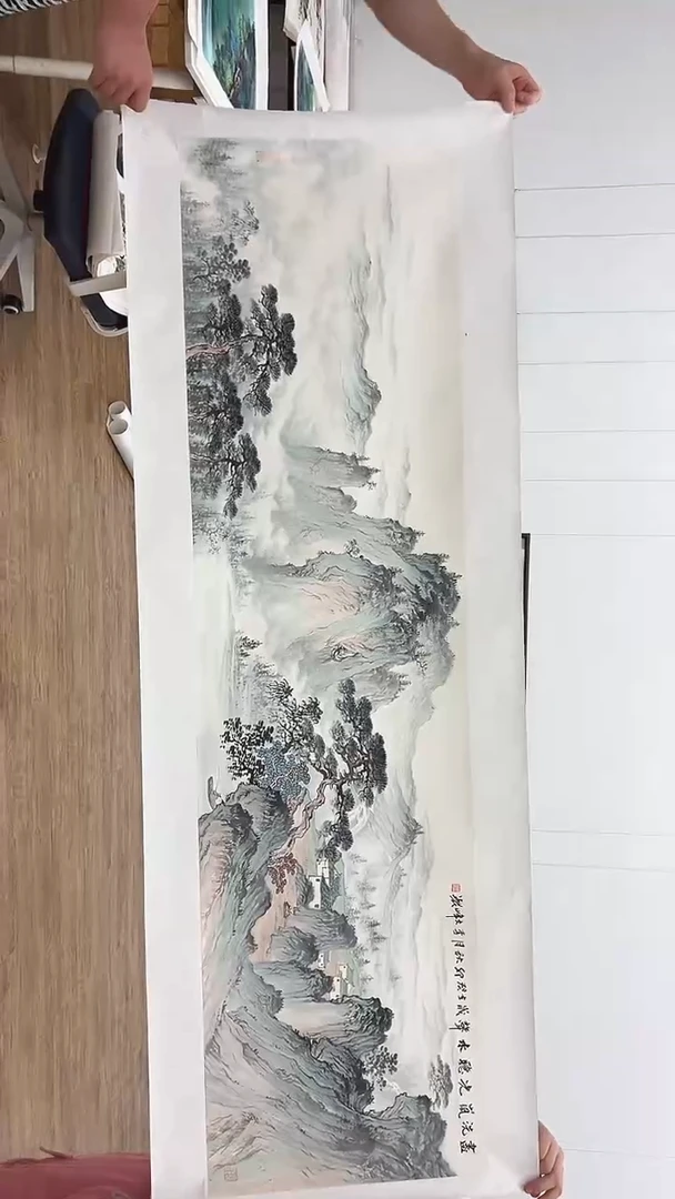 国画李文峰六尺对开浅绛工笔青绿