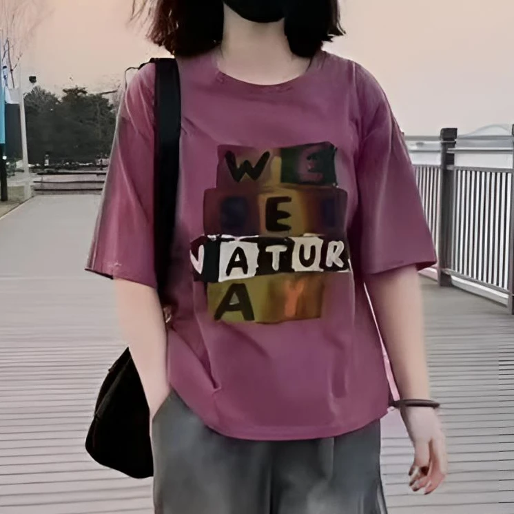 A088夏季新款文艺宽松显瘦减龄字母印花棉短袖套头T恤