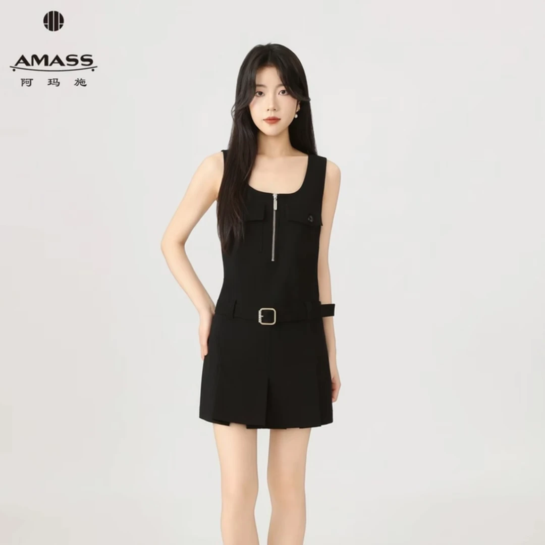 AMASS/阿玛施ins洋气休闲翻领腰带设计显瘦背带连衣裙550029