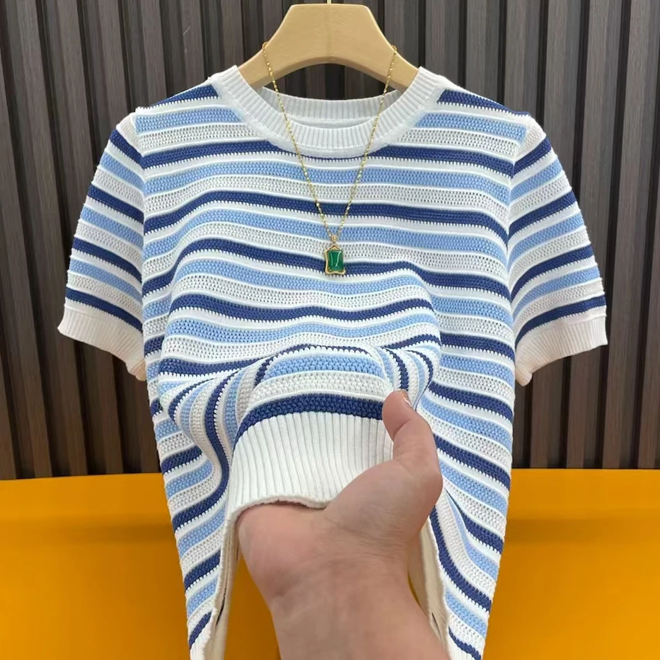 莱赛尔天丝~新款重工圆领镂空条纹针织短袖女宽松休闲打底衫 101