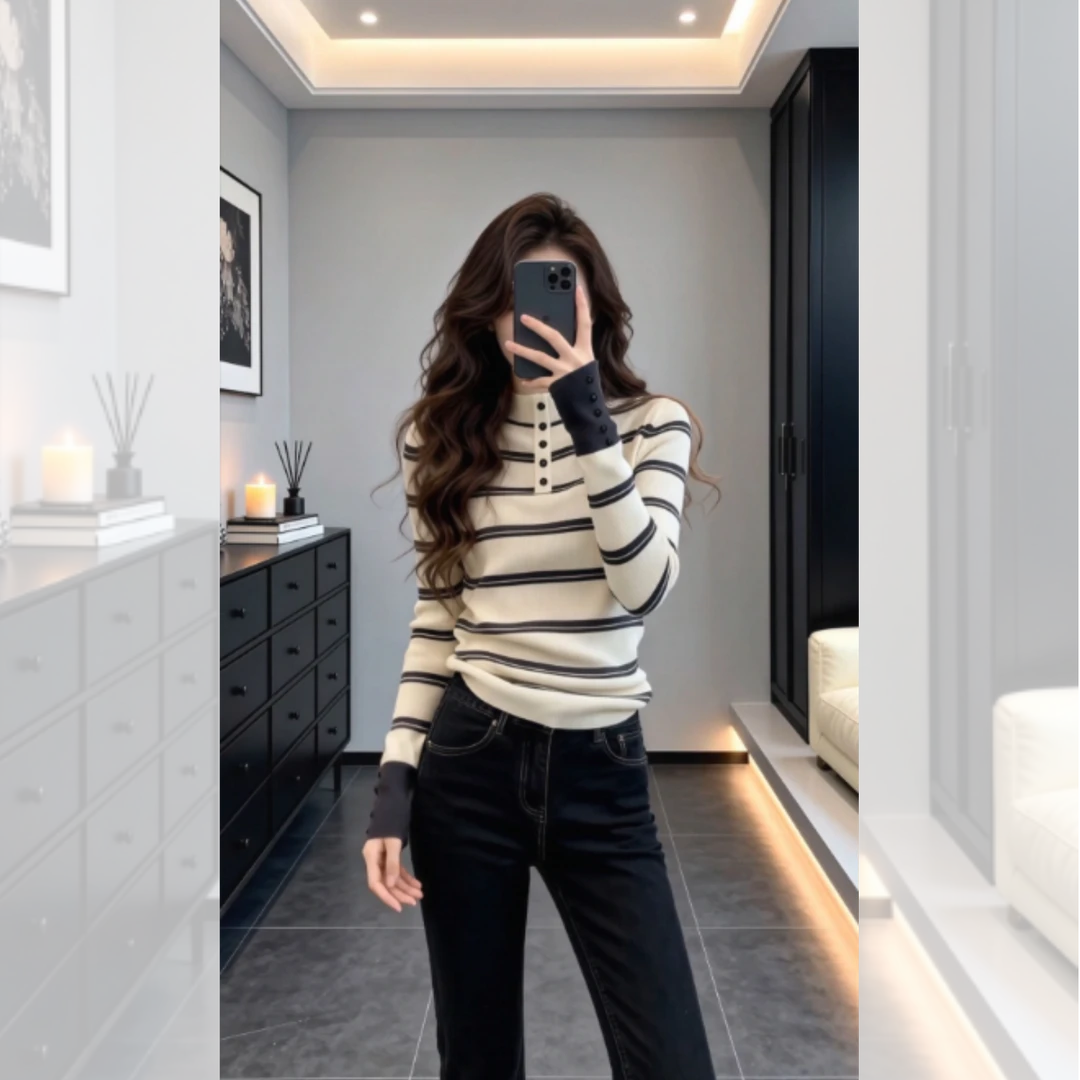 撞色条纹针织衫女秋冬2025新款半高领修身显瘦高级感内搭打底上衣