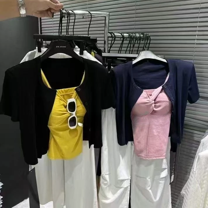 新款纯欲带胸垫修身吊带+防晒开衫撞色两件套女