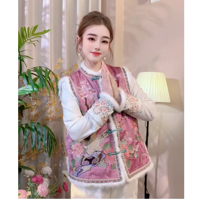 [喜上眉梢]冬季新款民族风复古圆领棉马甲拼接水貂毛刺绣宽松背心