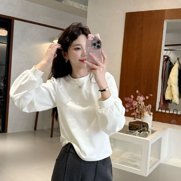 Berry 喜你而欢大庞定制 微泡泡袖打底长袖T恤女白色圆领百搭上衣