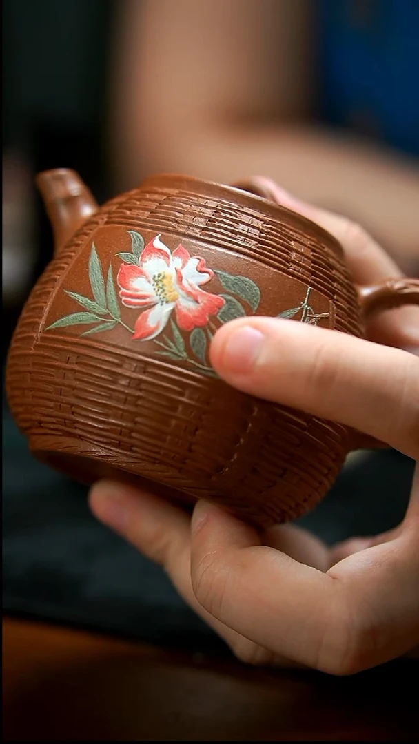 茶壶紫砂降坡粉花竹编壶