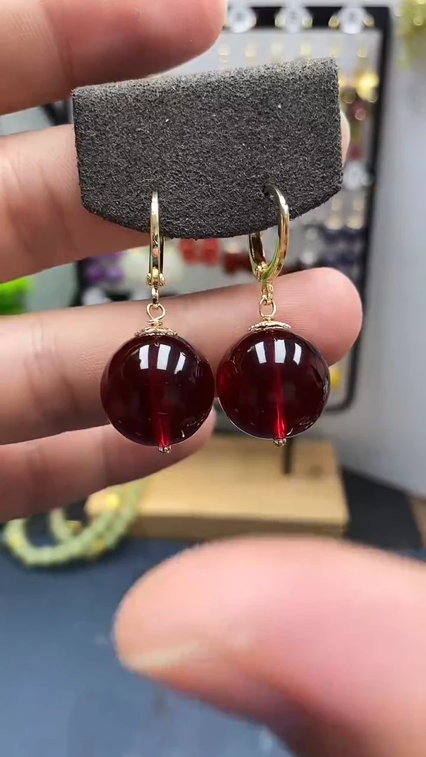 银S925镀金镶嵌血珀耳饰尺寸16mm耳扣07