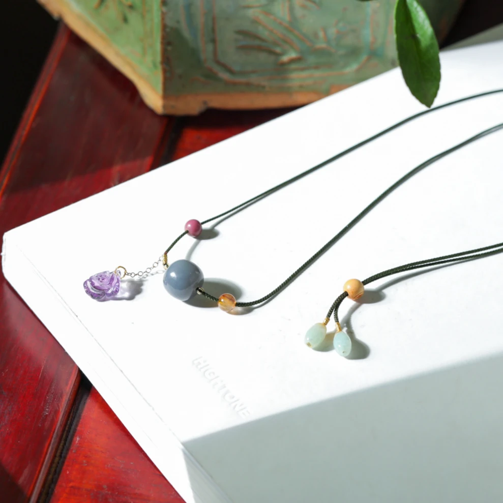 【意婵】精品天然和田玉烟紫转运珠项链紫水晶金发晶配件-909299