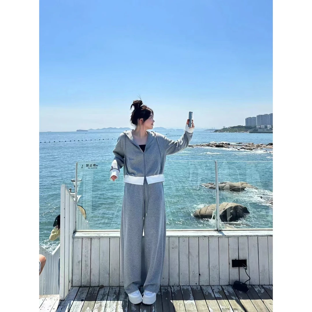 蕾蕾【休闲公式-外套】连帽抽绳拉链下摆拼白边长袖卫衣外套
