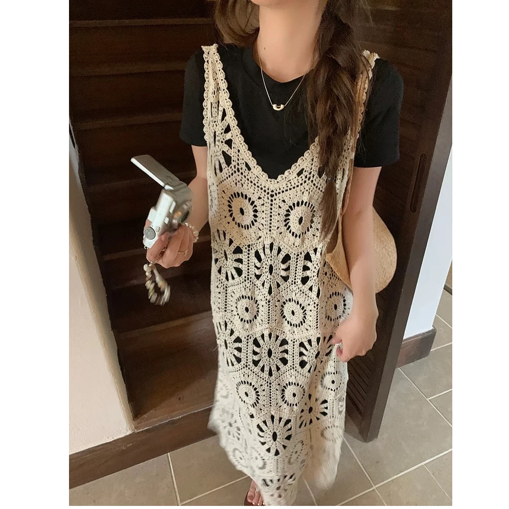 【蜜爷家】法式镂空吊带短袖连衣裙套装