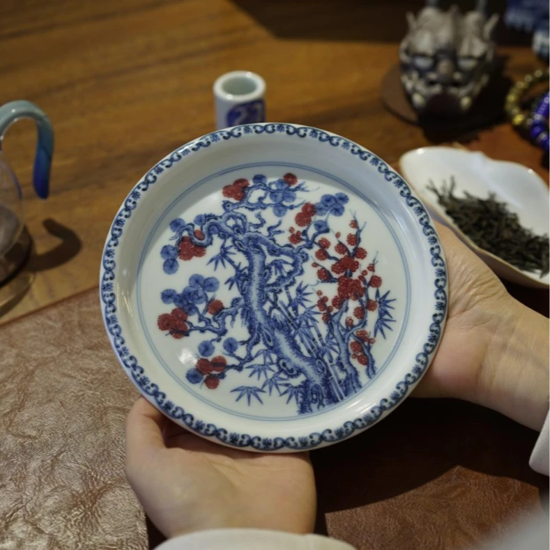 观辰堂青花釉里红松竹梅壶承