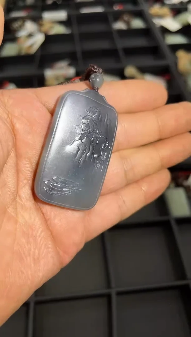 吊坠(不含链)未镶嵌和田玉墨玉青花 山水牌