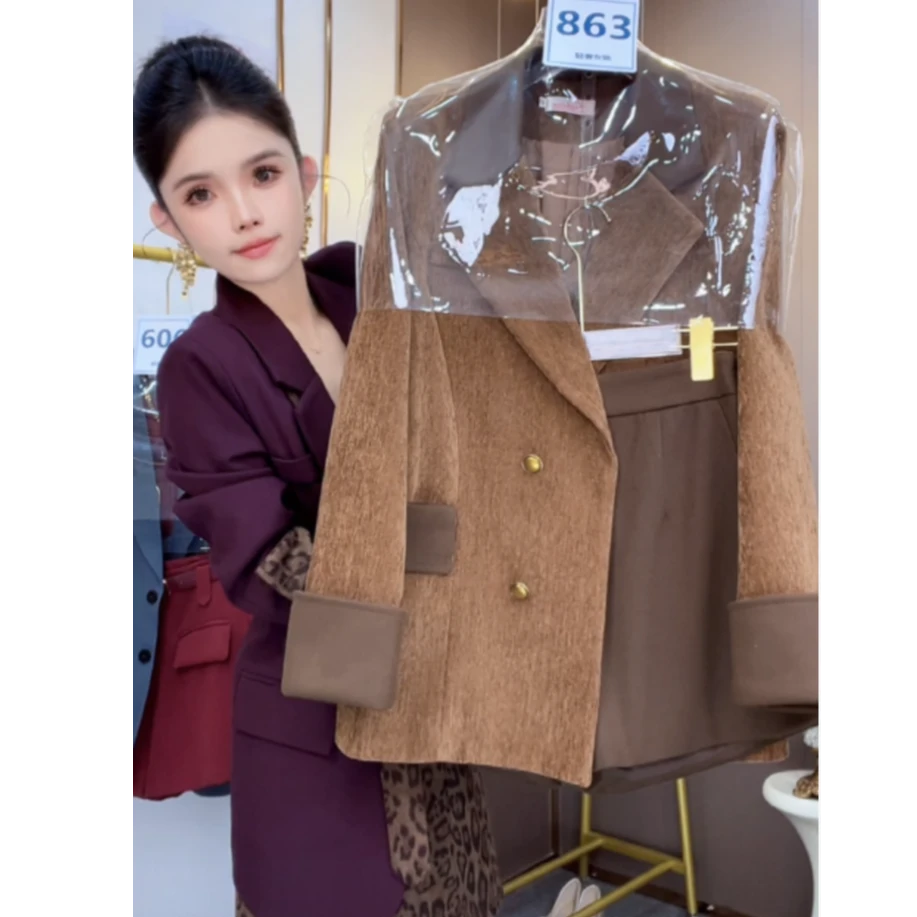 2025秋冬新款赫本复古撞色香风西装外套装女气质百搭短裤两件套