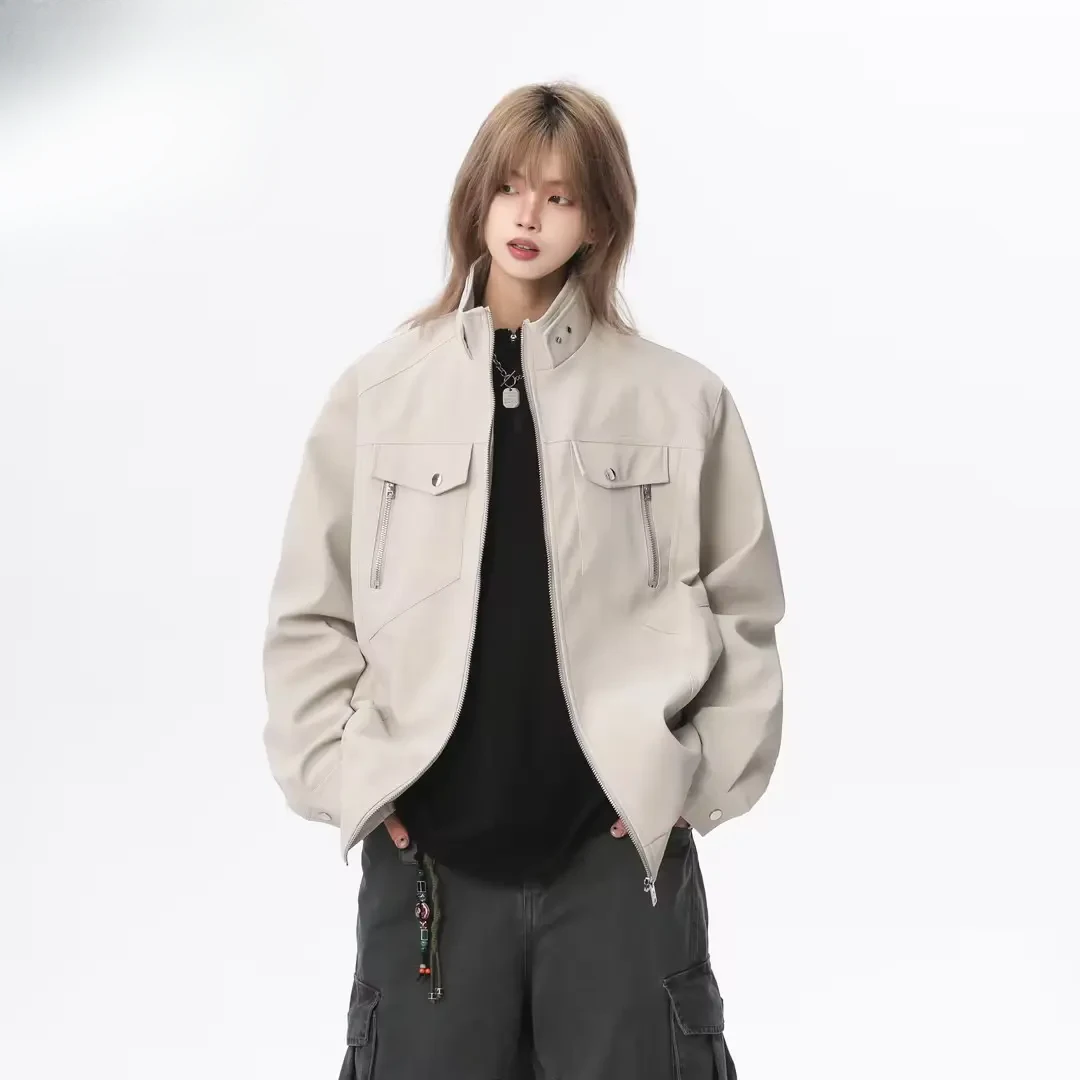 WIND BLOWS2025短款春装立领散口袖中性百搭PU皮夹克时尚潮流设计