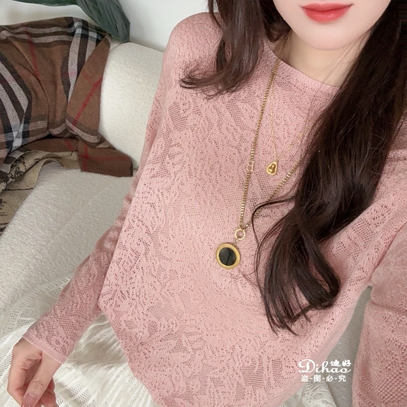 【迪好甄选】秋季新款气质胭粉色提花针织上衣老钱风女装K1130