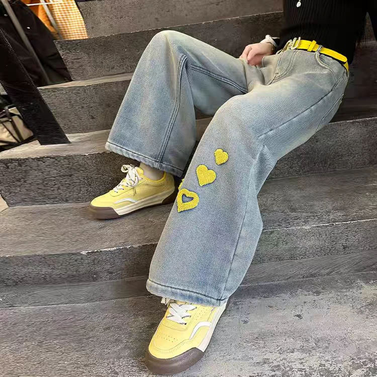 加绒浅蓝爱心阔腿裤