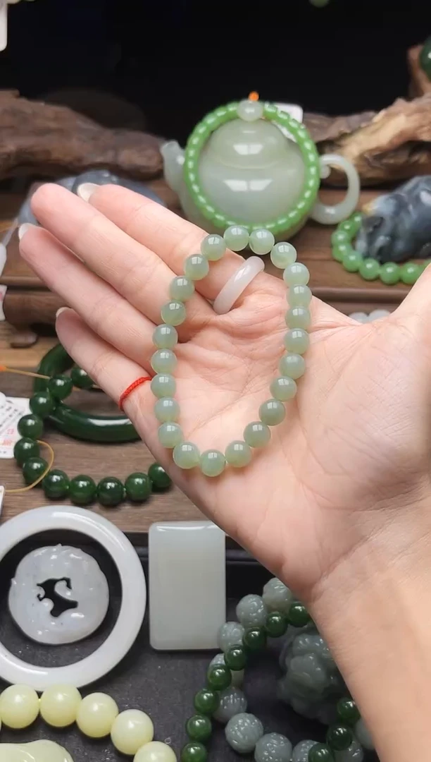 未镶嵌手串和田玉卡8阿富汗碧玉 圆珠 有瑕疵