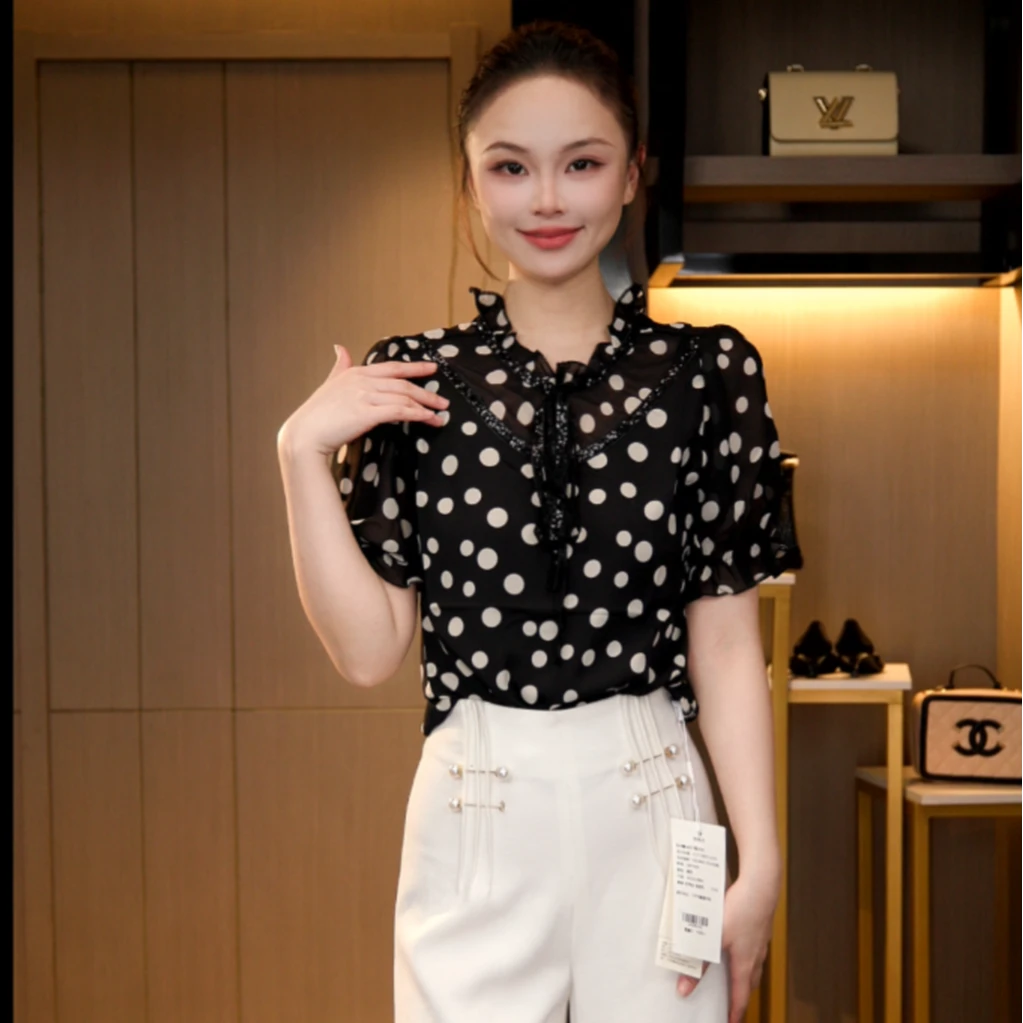 L4X1969 法式复古显瘦气质琉璃双绉丝T恤上衣