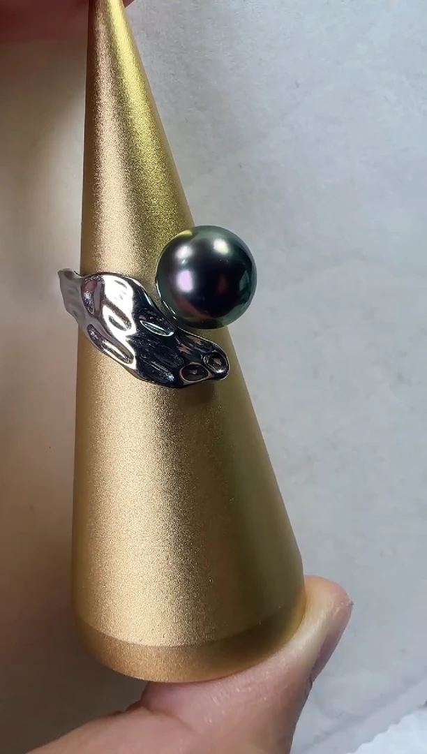 银S925镶嵌戒指海水珍珠孔雀绿戒指10mm