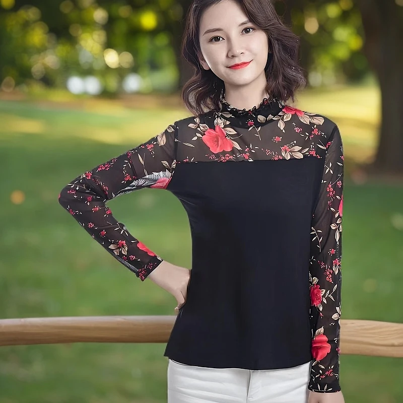 莫代尔半高领长袖印花植物花卉薄款T恤女大码时尚妈妈春秋打底衫