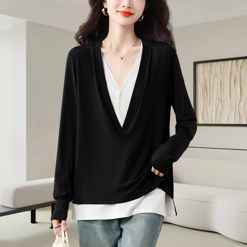 假两件撞色V领长袖t恤女装2025秋季新款时尚大码休闲显瘦百搭上衣