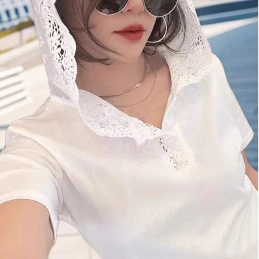 2511韩版2025新款时尚蕾丝拼接连帽褶皱纽扣短袖T恤女显瘦上衣
