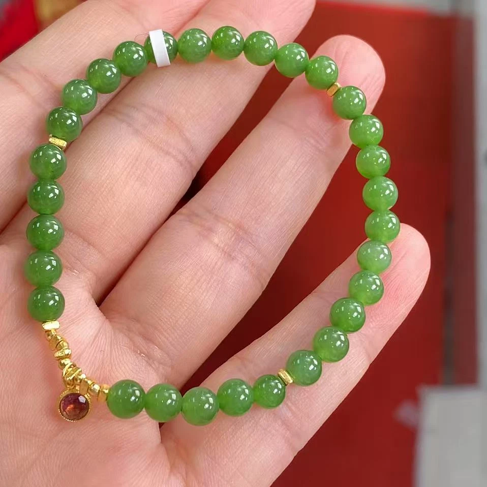 约5mm和田玉正阳绿碧玉18K金配件DIY手链