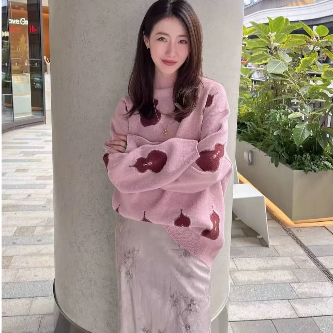 （8191）2025春季新款时尚百搭宽松新年福禄提花套头圆领针织衫女