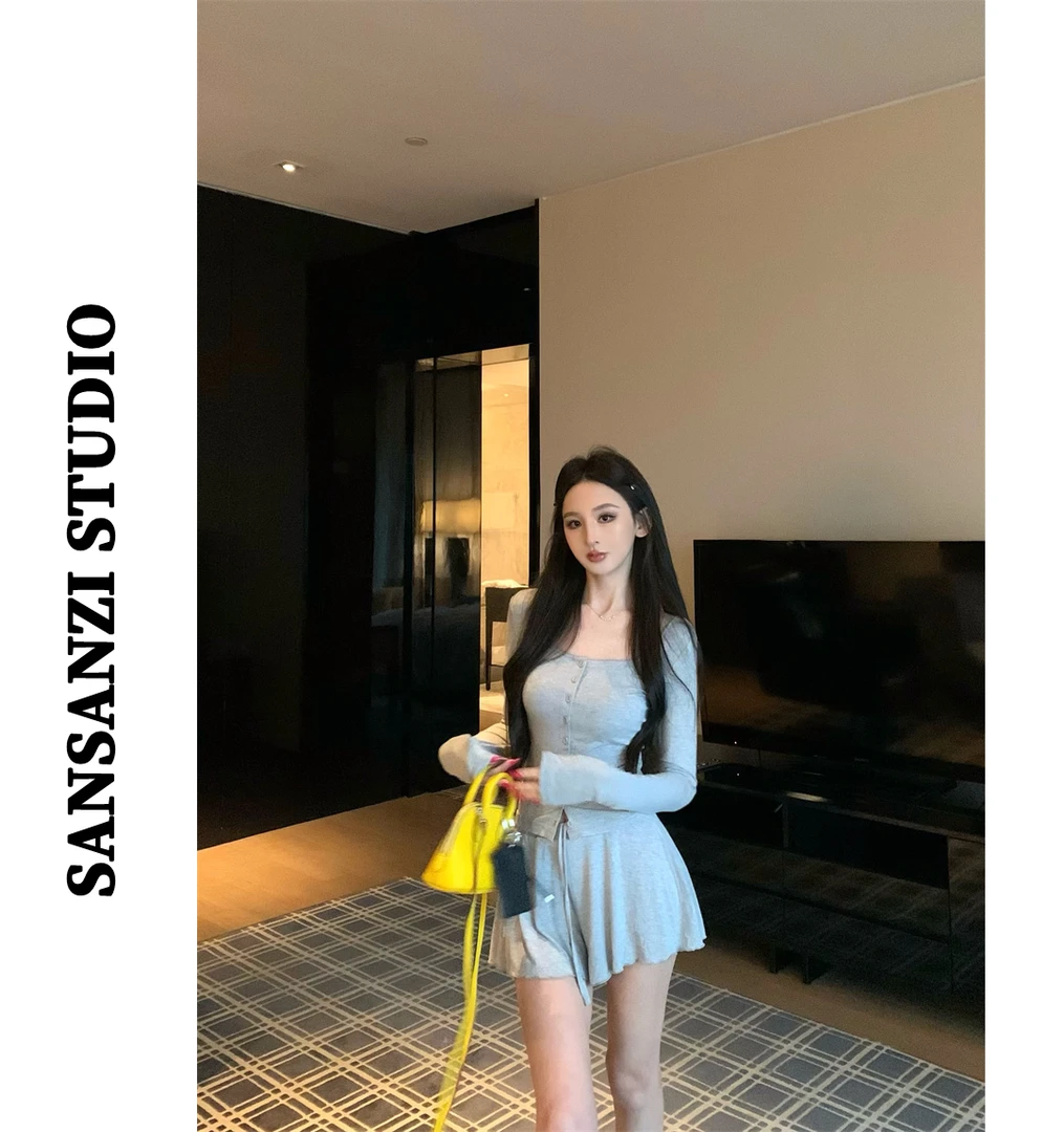 SANSANZI纯欲风套装灰色气质长袖T恤女秋季高腰显瘦半身裙两件套