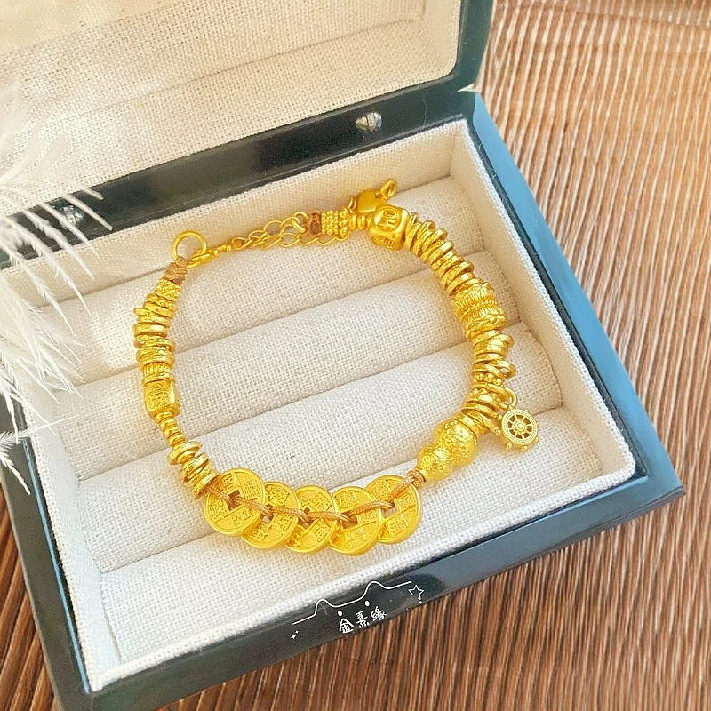 A54黄色古法金錾刻吉言八宝葫芦五帝钱金发晶手链手串中式