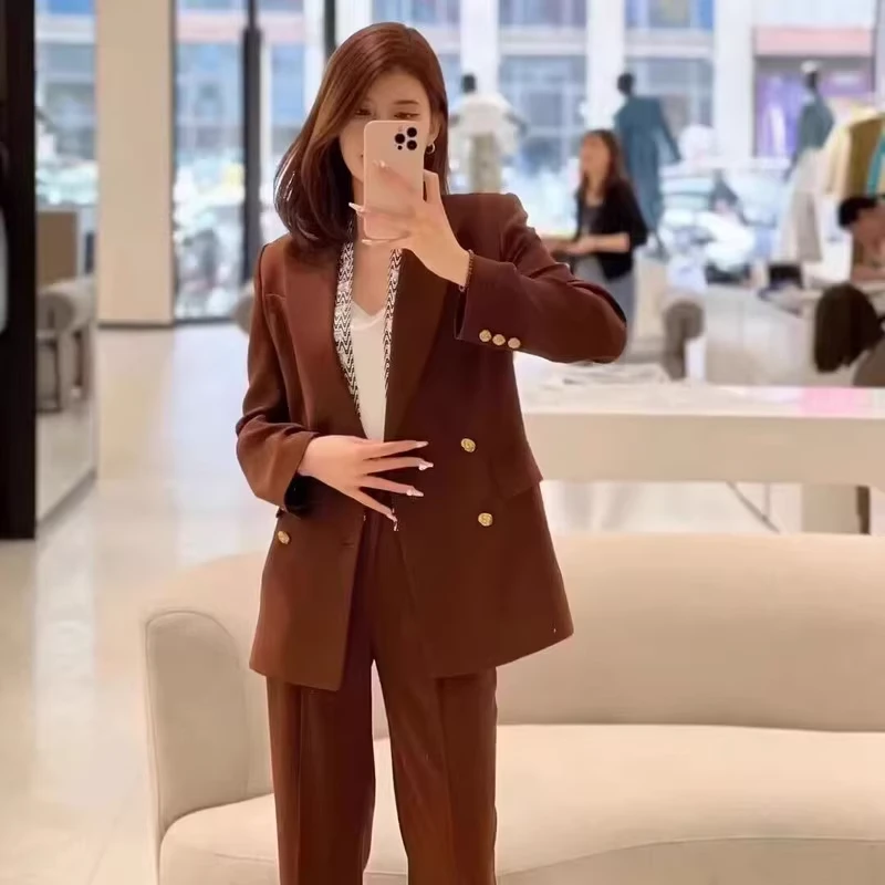 商场同款2025春秋新款百搭双排扣收腰西装外套修身西服女5400773